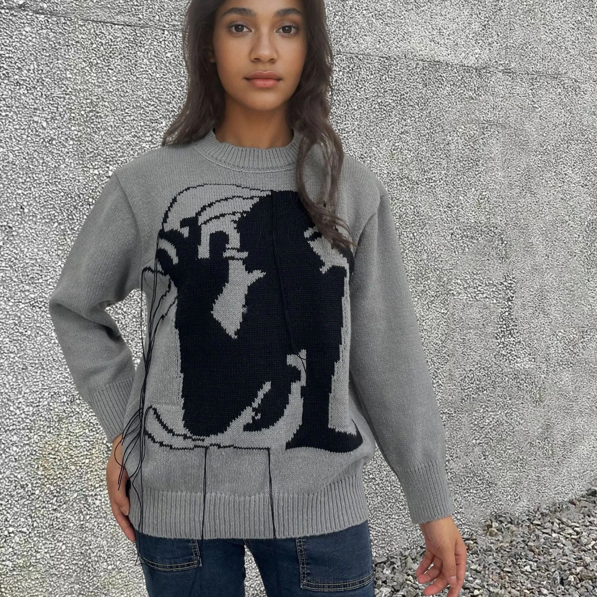 Women's grey Alpaca wool sweater with tassel detailing and abstract pattern in loose street fashion style