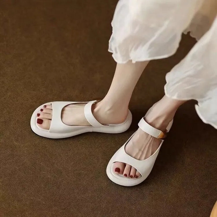 Women's apricot leather peep toe platform sandals with rubber sole