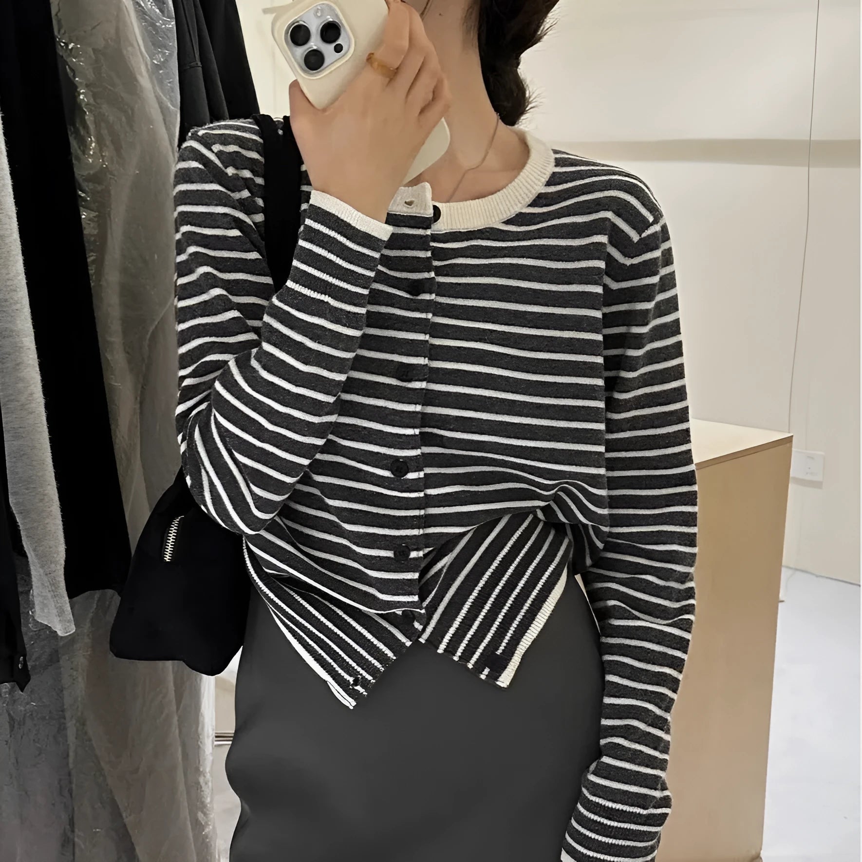 Dark grey and white striped slim fit women's cardigan with long sleeves.