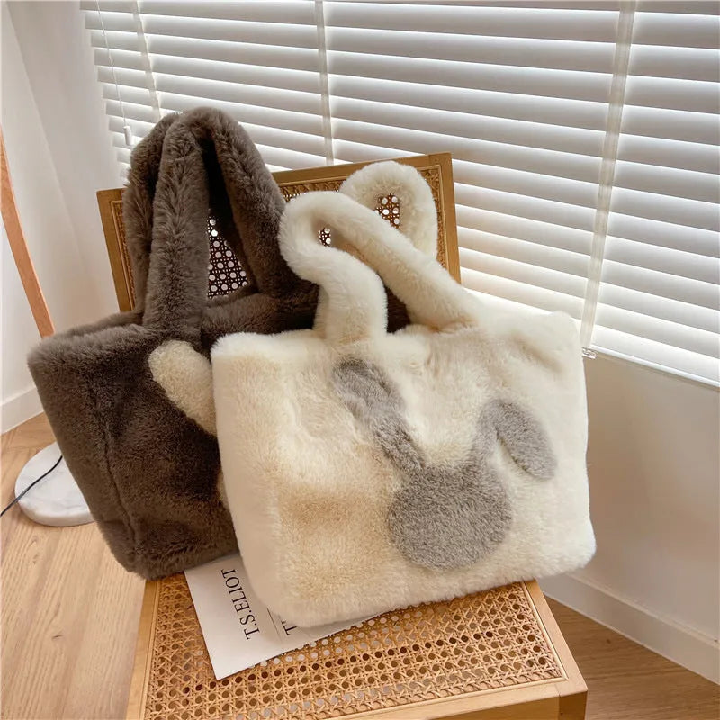 Plush rabbit ears tote bag in solid colour with shoulder strap and large capacity design