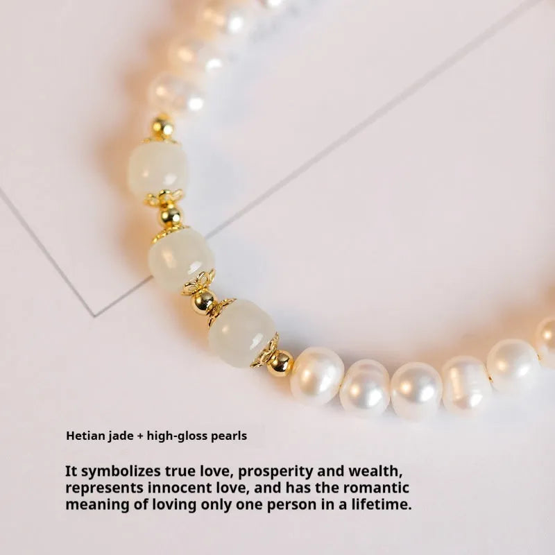 Diamond-shaped freshwater pearl bracelet with Hetian jade electroplating in Korean jewellery style