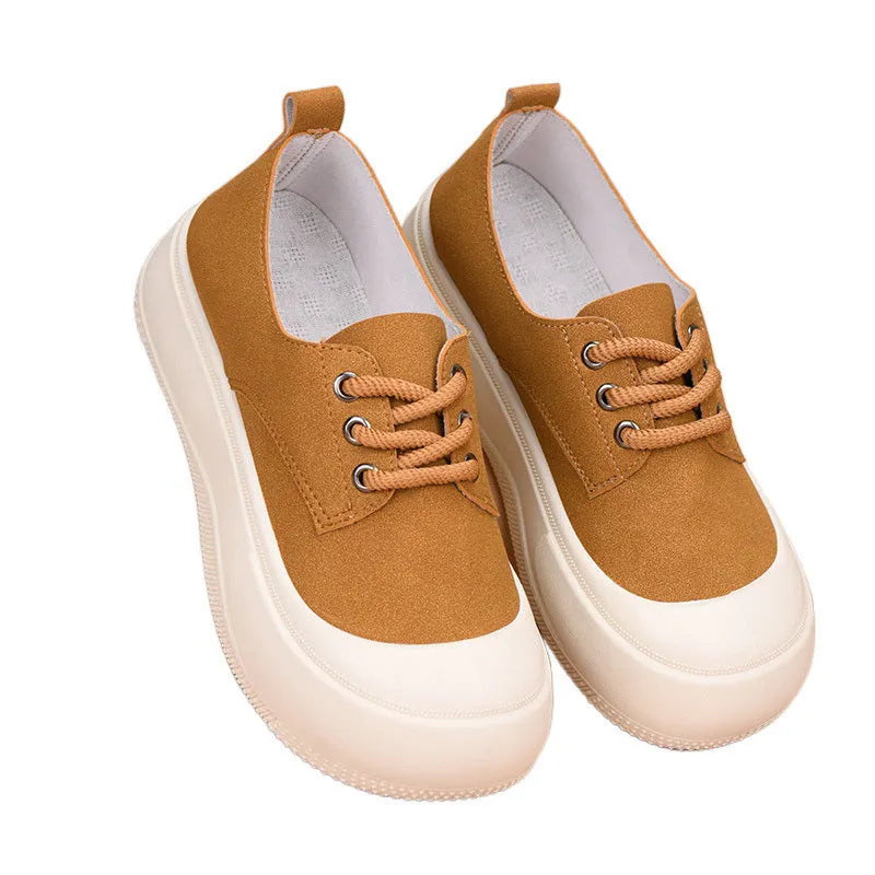 Women's camel suede platform loafers with lace-up front and a flat 4CM rubber sole.