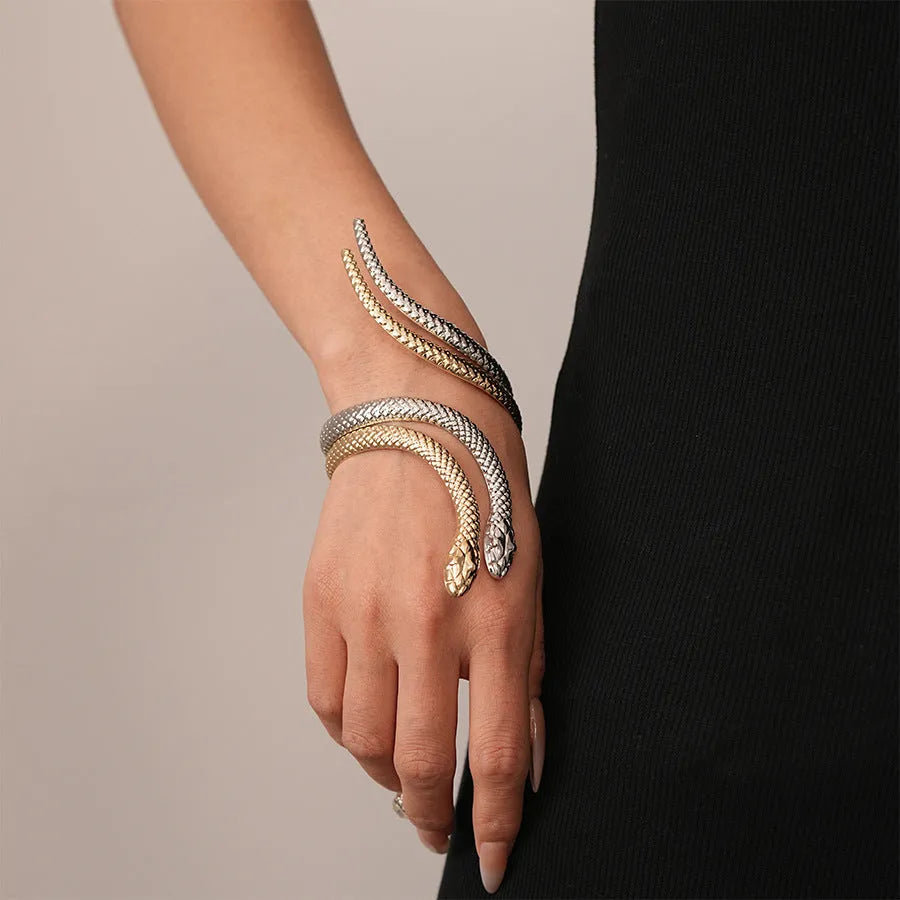 Exaggerated twisted winding simulated snakes opening ring and bracelet 2-piece set