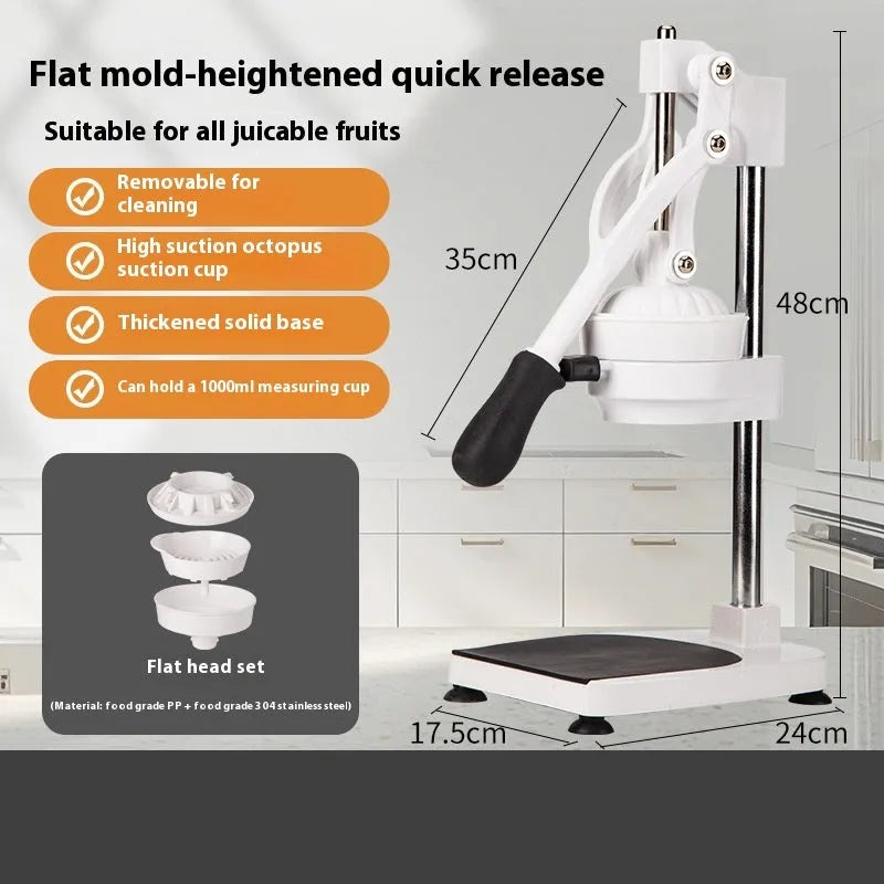 Stainless steel manual orange juicer with quick-disassembly design on countertop