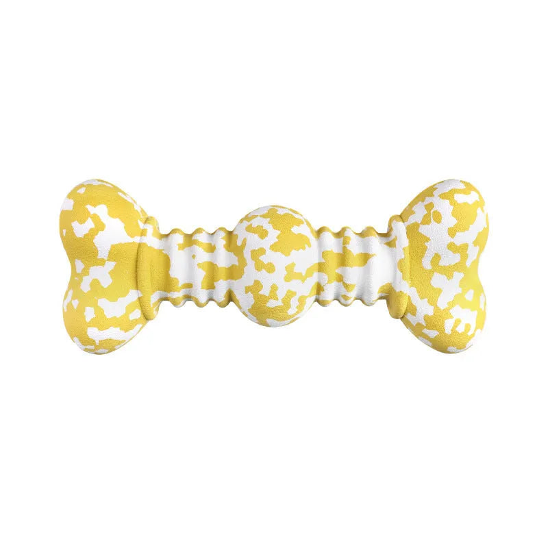 Natural rubber dog chew bone toy for large breeds in camouflage colours, shown in two sizes.