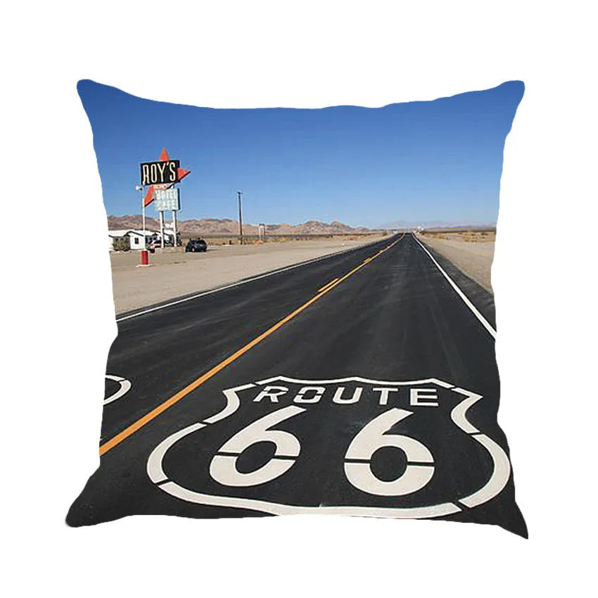 Square linen blend cushion cover with Route 66 landscape print, shown in one of six colour options.