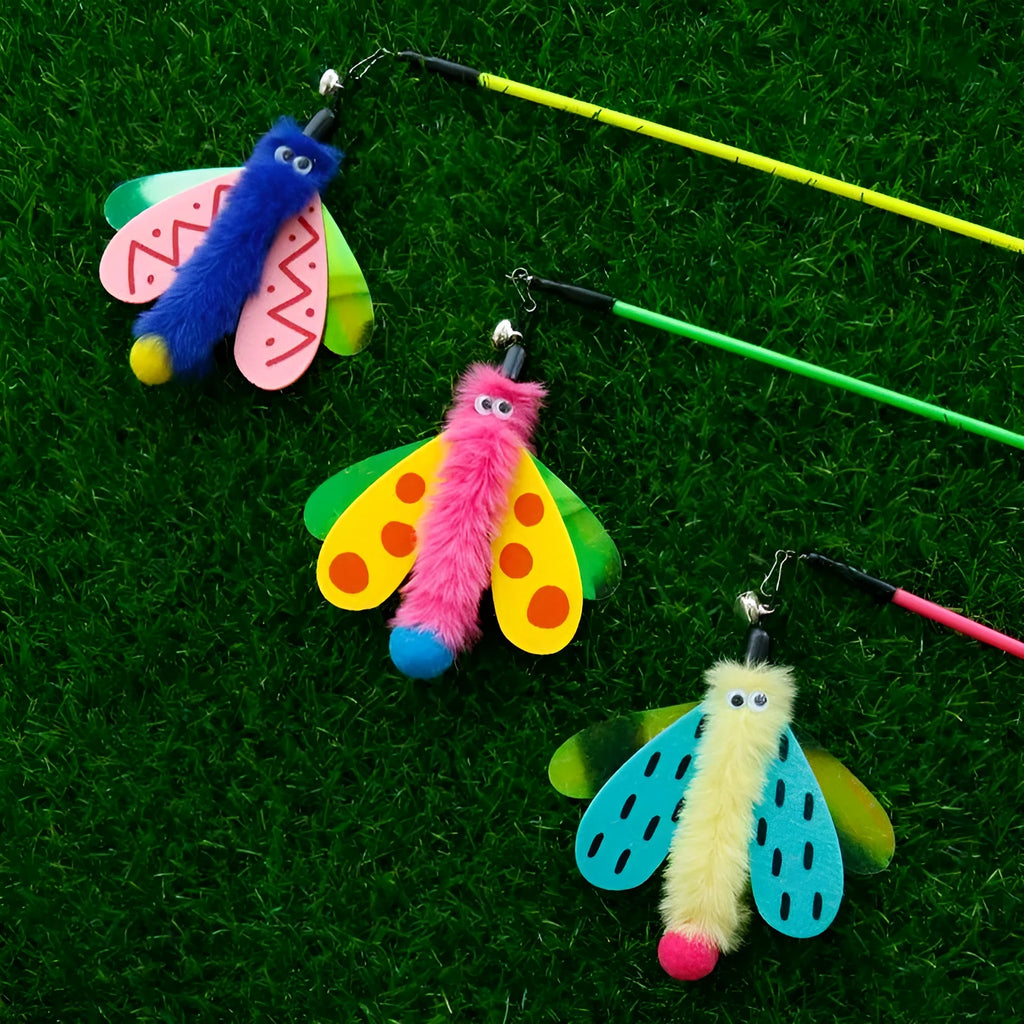 Cat wand toy with dragonfly attachment and bell on 49cm stick