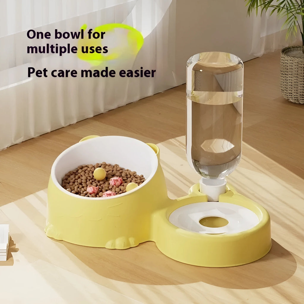 Double bowl automatic pet drinking fountain with stainless steel water reservoir and ceramic food compartments