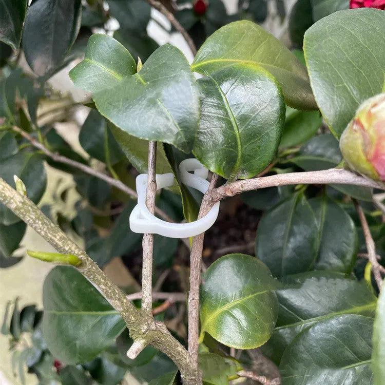 Small red cat-shaped plastic clip for plant support on a green leaf.