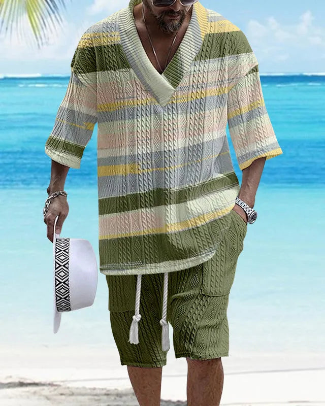 Men's loose casual short sleeve top and shorts suit separates set in polyester fabric
