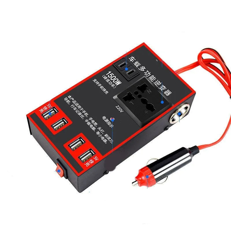 Black automotive power converter transforming 12V/24V car electricity to 220V AC with USB charging ports