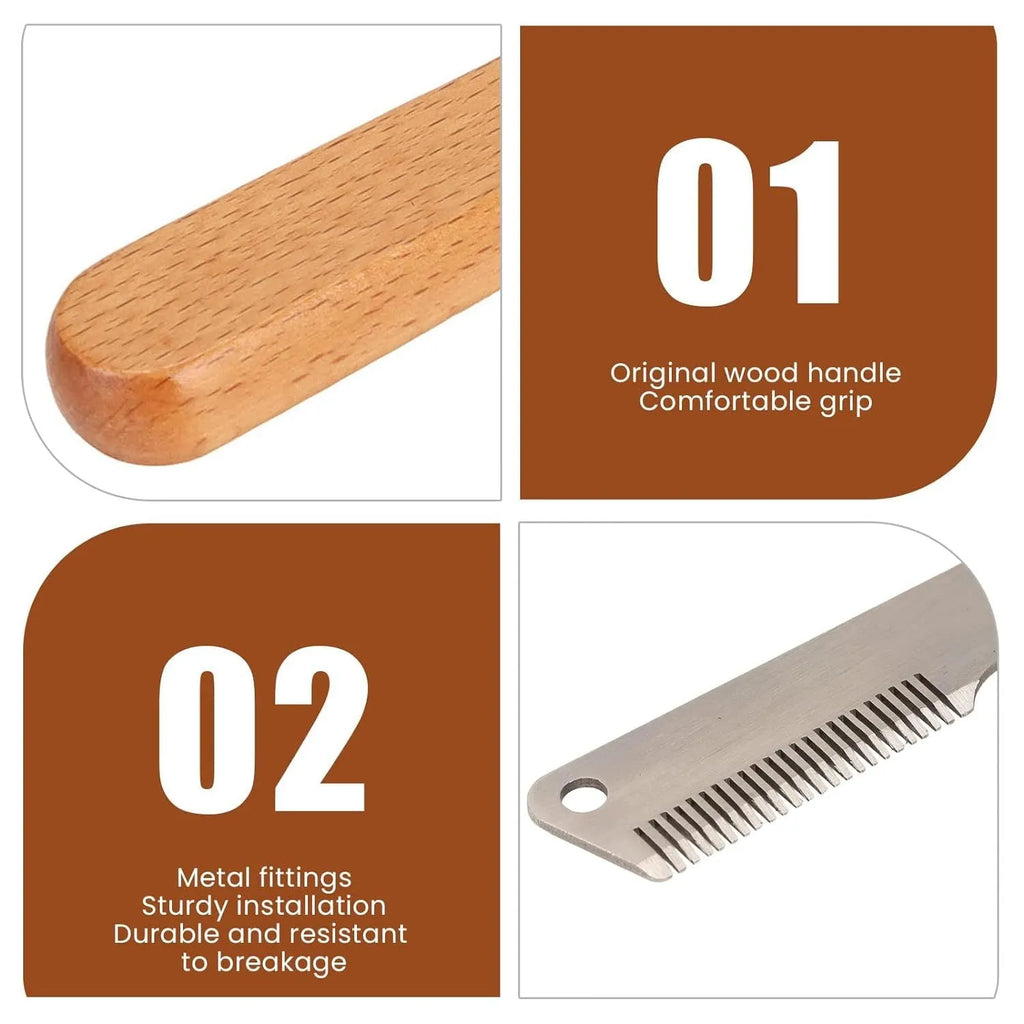 Pet grooming comb with wood handle and metal teeth for removing floating hair from dogs and cats