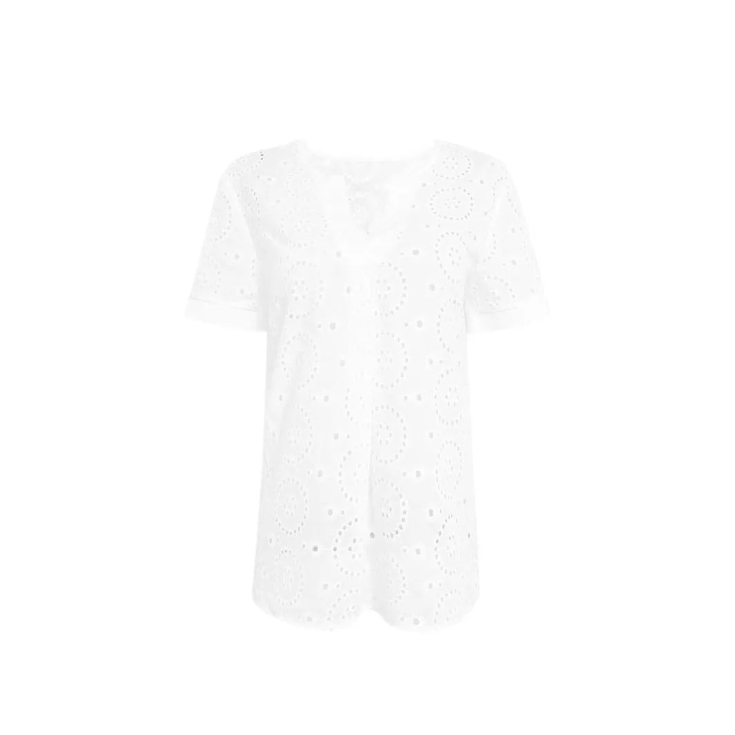 White loose V-neck short sleeve T-shirt with a hollow-out design detail.
