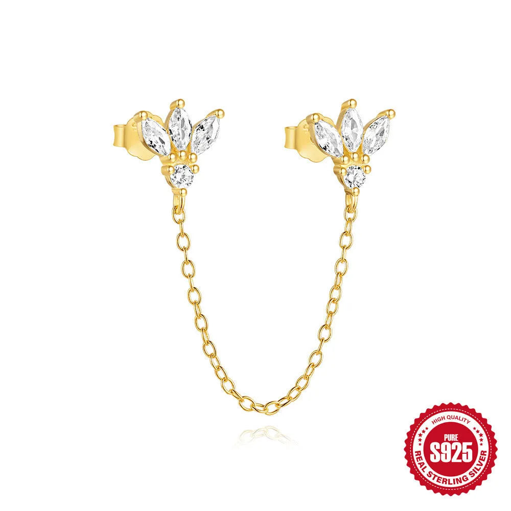 S925 sterling silver geometric chain stud earrings with zircon inlay in golden designs