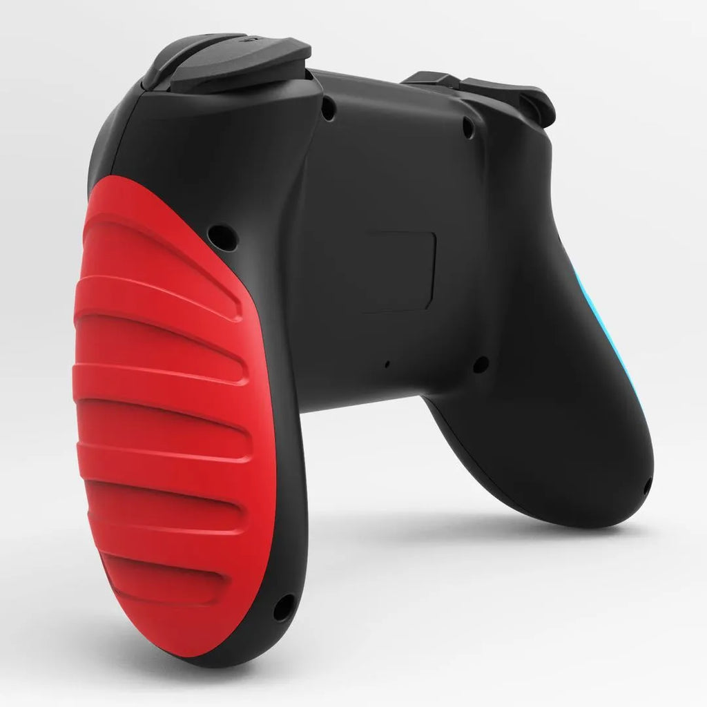 Red and blue wireless Bluetooth gamepad controller for Nintendo Switch and PC on a colour box.