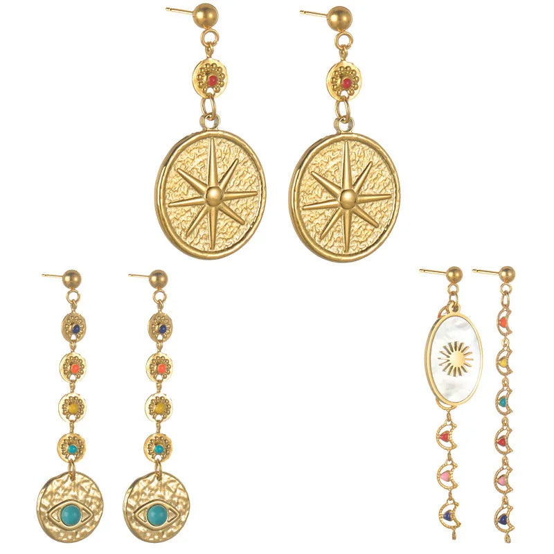 Geometric stainless steel statement earrings showing star, eye, and sun design options.