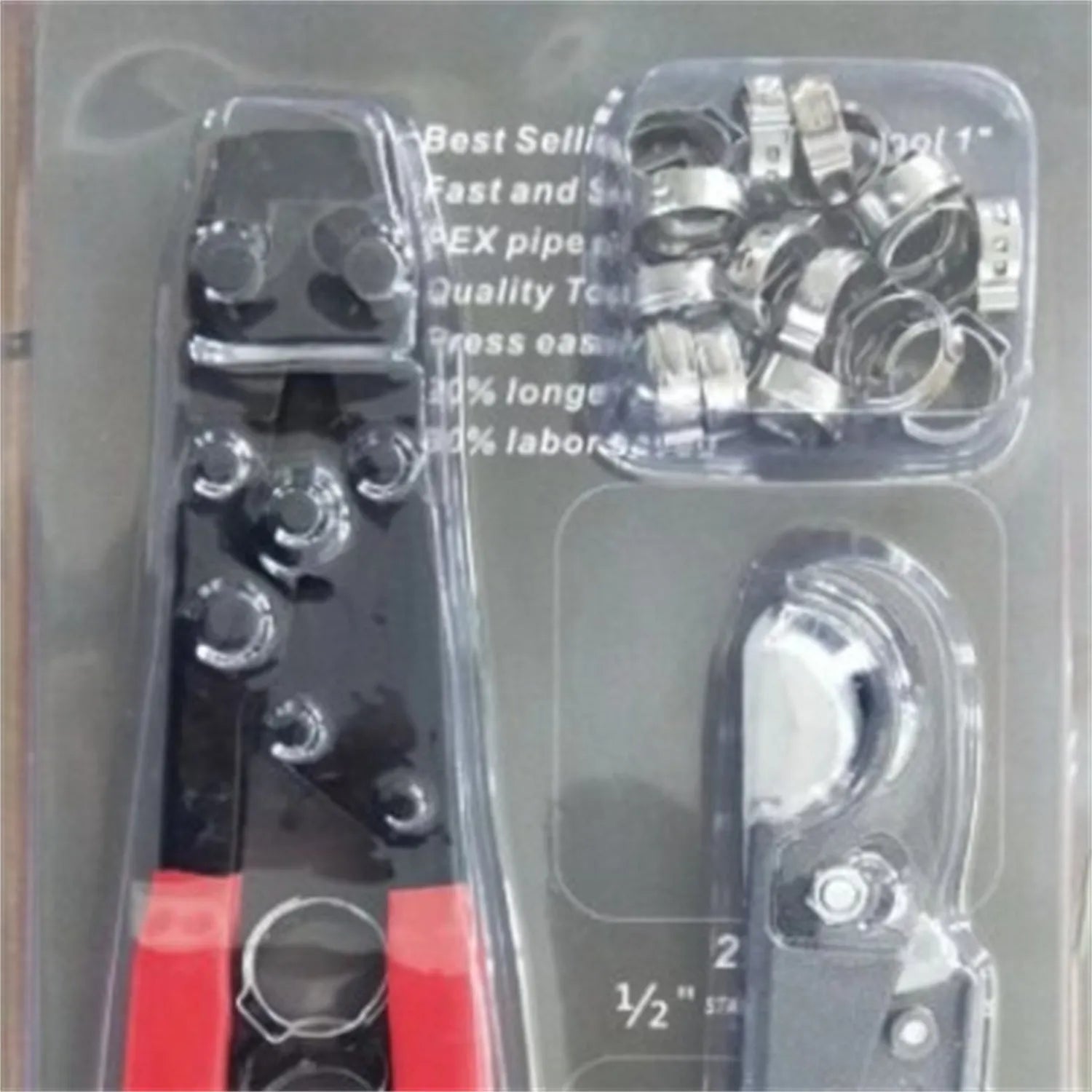 Red cloth pouch containing PEX clamp tool set with single ear clamp