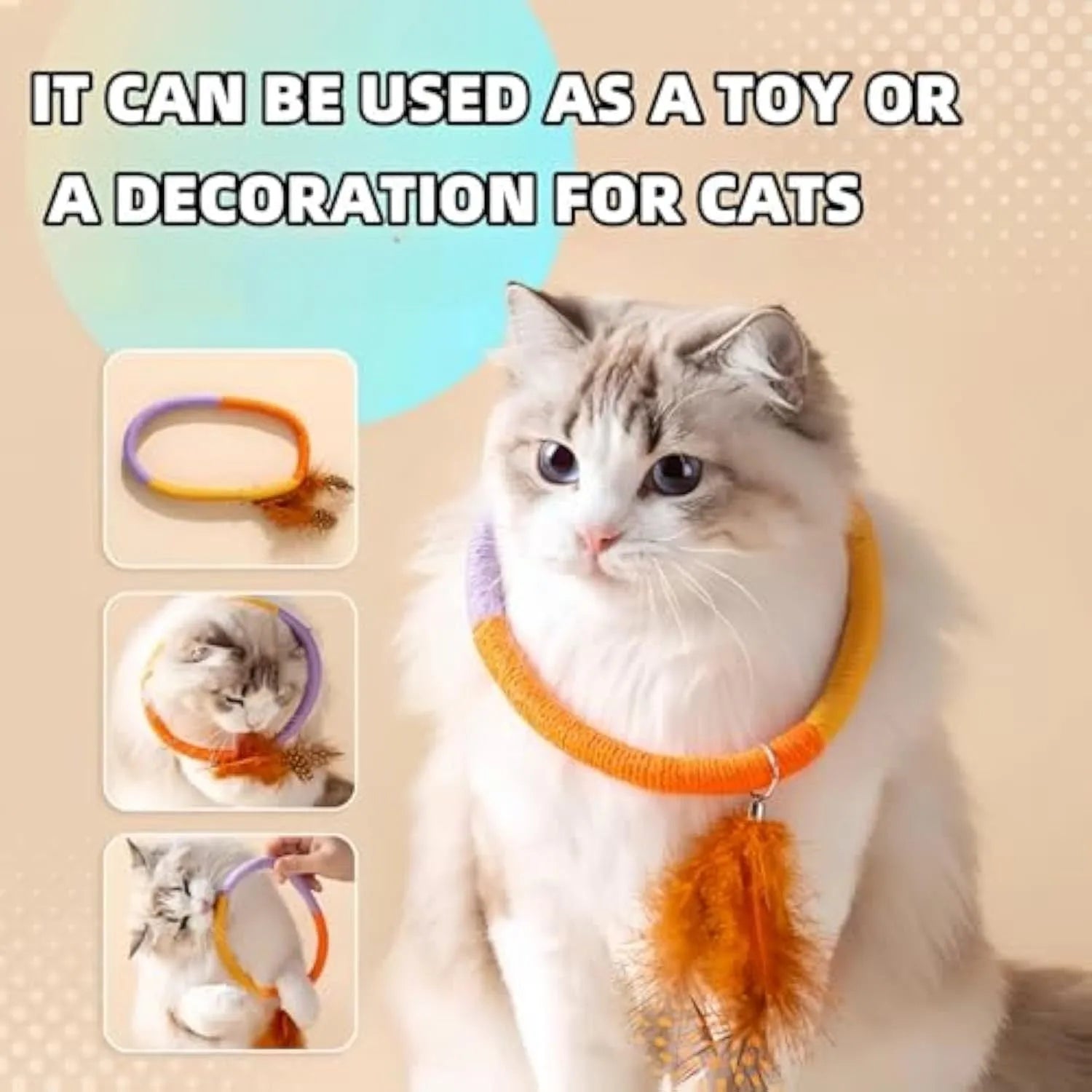 Green circular cotton rope cat toy with white feathers attached for interactive feline play