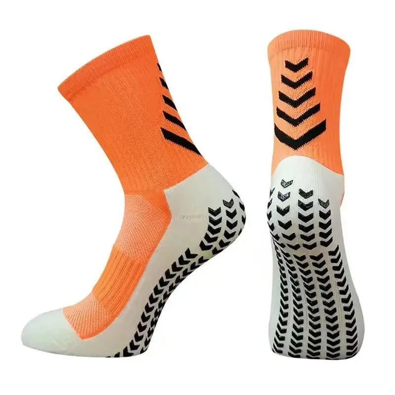 Men's mid-calf athletic socks with geometric patterns and non-slip silicone grip for football and running