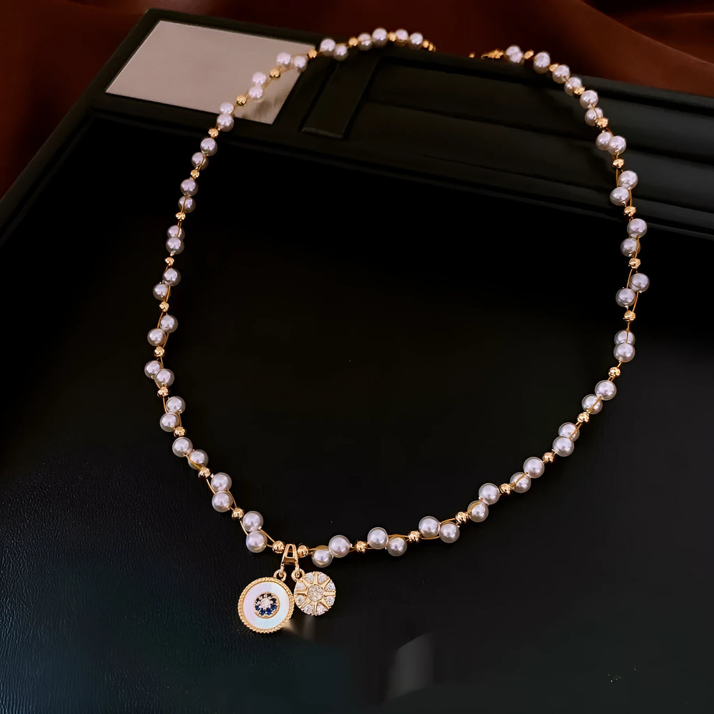 Real gold electroplated zircon pearl round pendant necklace with adjustable 41-50cm clavicle chain