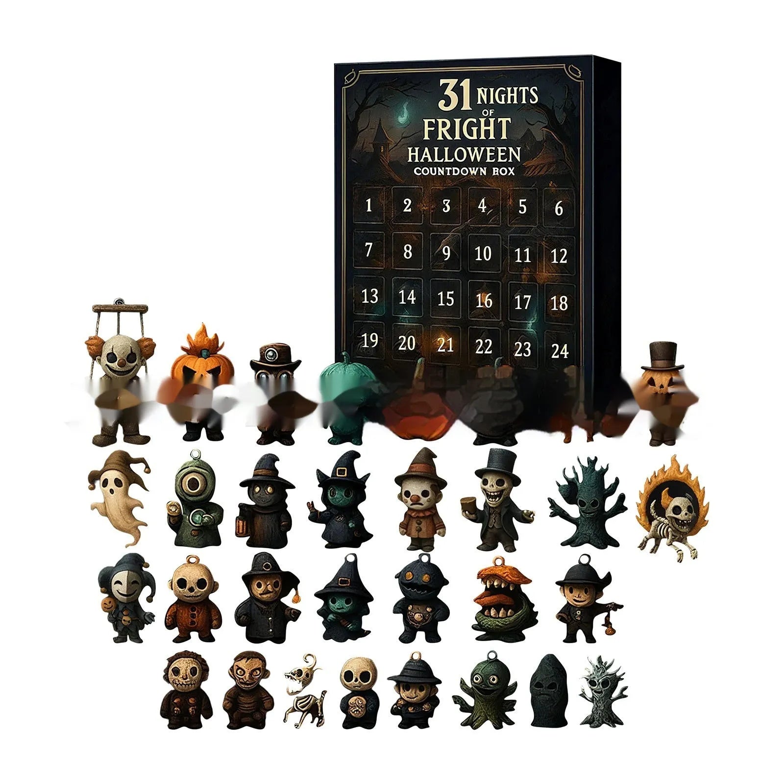 Halloween countdown advent calendar blind box with window displaying resin doll collectibles inside.