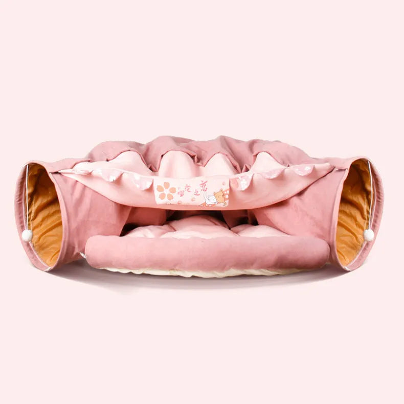 Collapsible cloth cat tunnel shown in one of four colours: Bar, Coffee, Matcha, or Pink