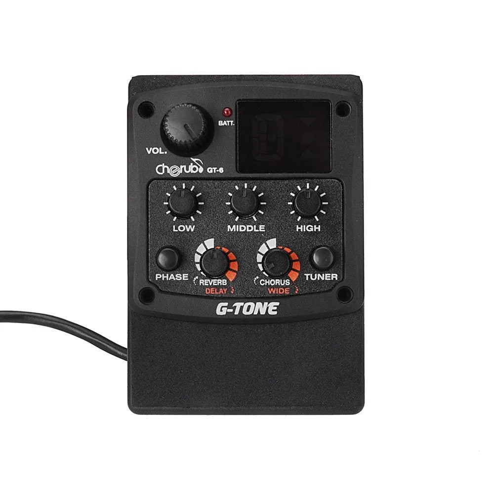 Black Cherub GT-6 acoustic guitar soundhole pickup unit with EQ and effects knobs.