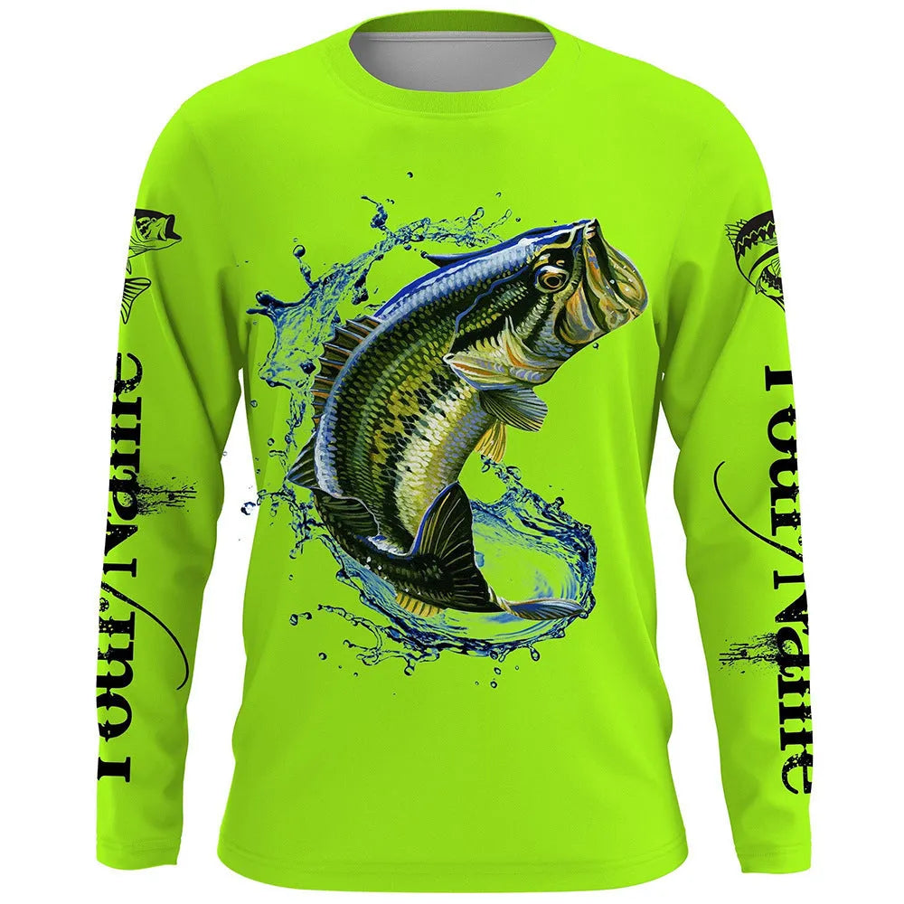 Men's grey round neck long sleeve pullover with a large colourful fish graphic print on the front.