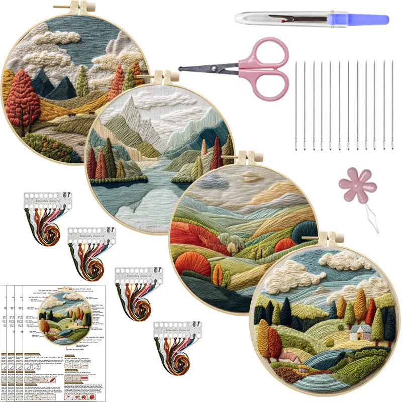 Embroidery kit with cotton fabric, bamboo frame, threads, and printed landscape design for DIY textile art