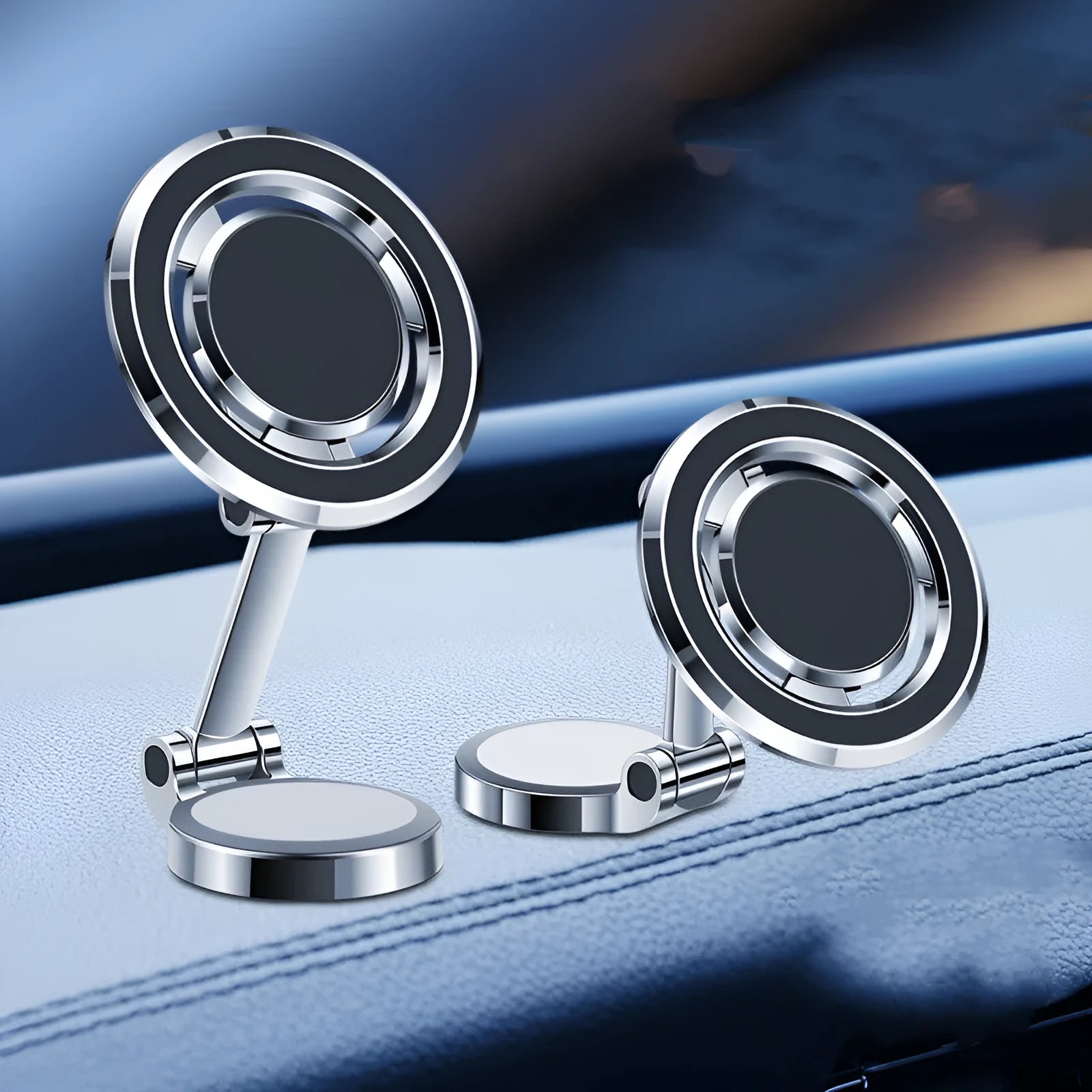 Magnetic car phone mount with flexible clip and adhesive dashboard installation on centre console