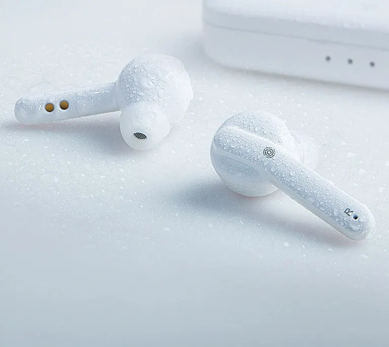 Black and white True Wireless Stereo Bluetooth 5.0 earbuds with IPX5 waterproof rating.