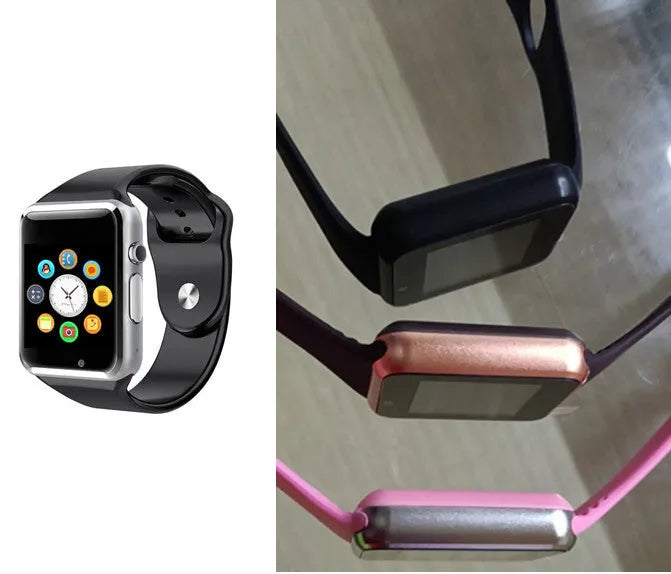 A1 smart watch with 1.54-inch screen showing Android interface, available in black silver white gold pink red green blue