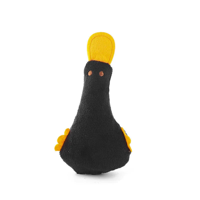 Yellow duck plush pet toy with catnip filling, squeaker sound, and rattle paper for dogs and cats