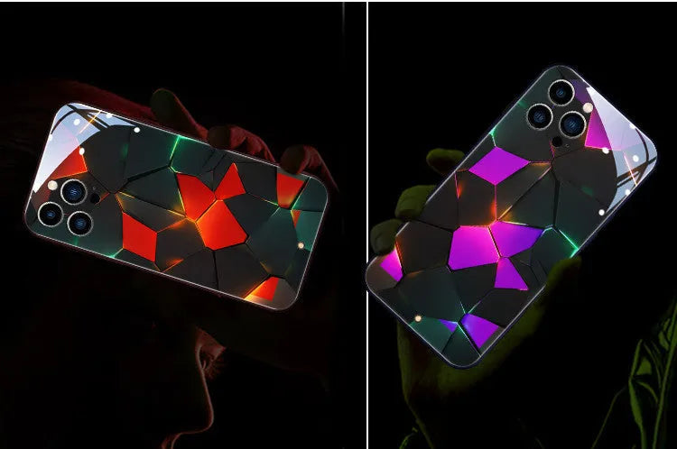 Xpress 14 tempered glass iPhone case with a light-up notification indicator on a table