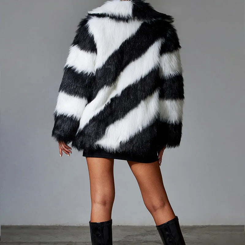 Faux fur coat with contrast lapel and fur collar in normal 50cm length