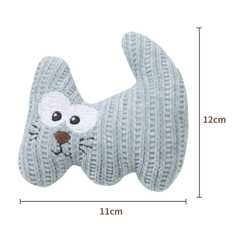 Cyan knitted plush cat toy with rope ends, measuring 12cm, containing a bell and organic catnip.
