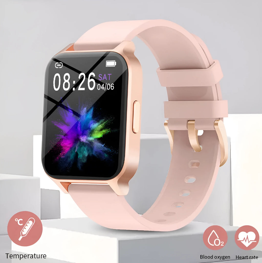 Smart colour screen health watch with mesh belt in black or rose gold showing heart rate monitor