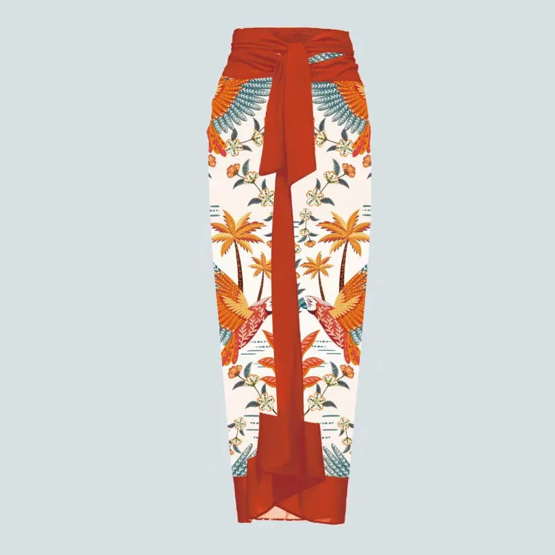 Women's floral one-piece swimsuit set with optional wrap skirt in polyester fabric