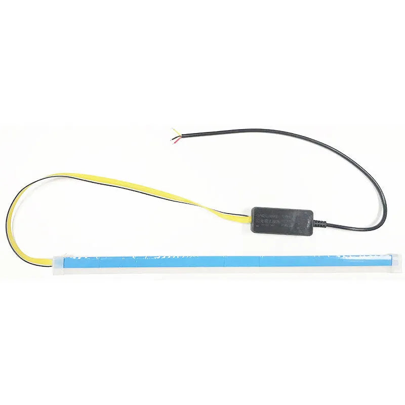 Flexible silicone car LED daytime running light strip with flowing turn signal animation, shown in multiple colours.