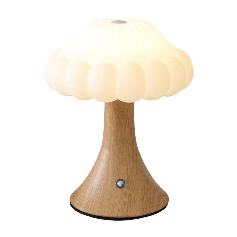 Creative mushroom-shaped night light in wood grain finish with USB charging port