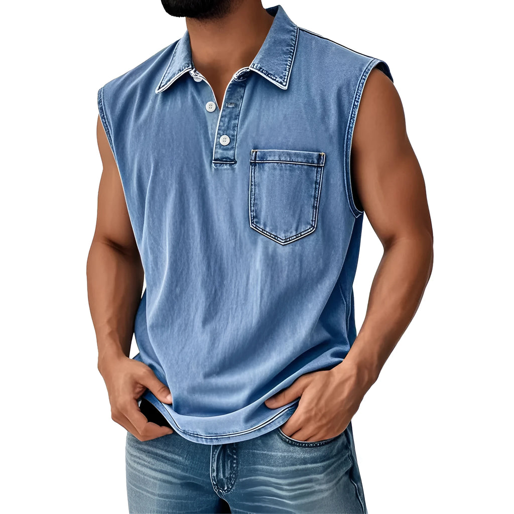 Man wearing 3D digitally printed loose fit polo shirt with button front and short sleeves