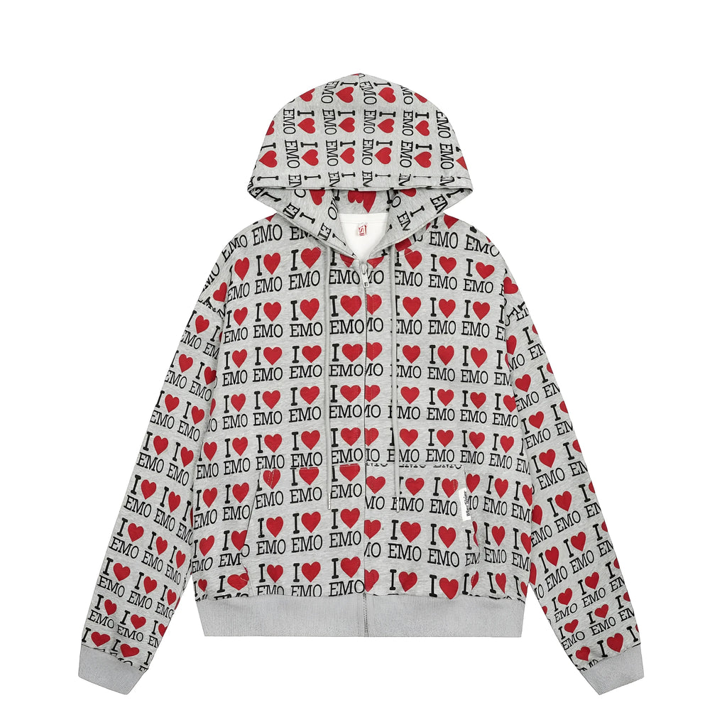 Women's grey hooded cardigan with retro pattern, long sleeves and cotton construction
