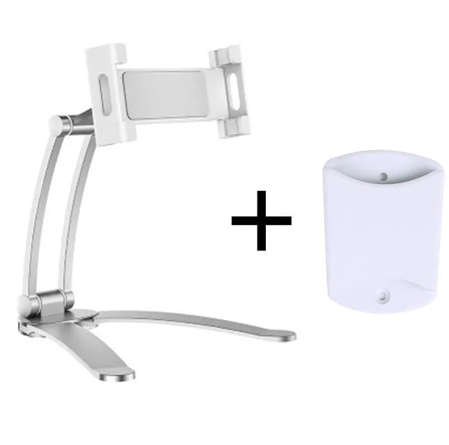 Silver aluminium alloy desktop tablet stand holding a tablet, showing 360-degree rotation adjustment.