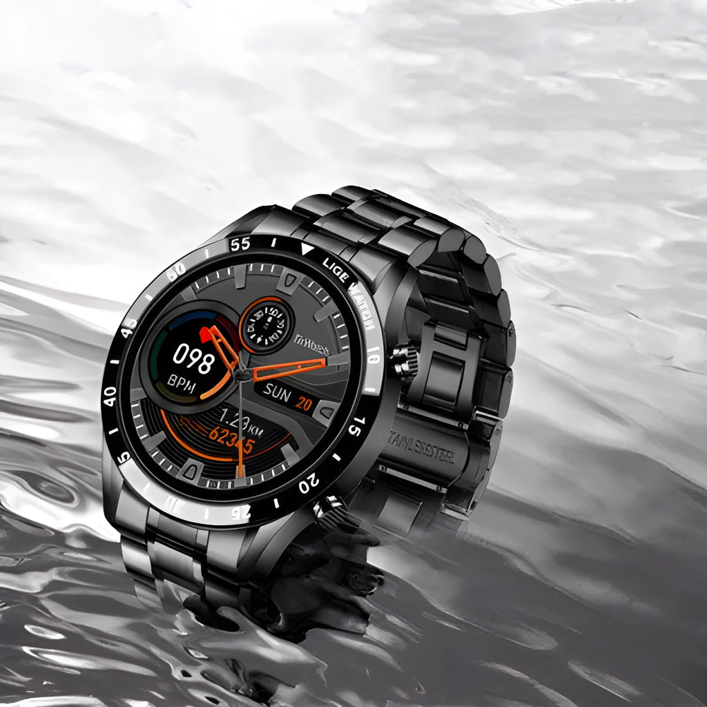 Smart watch with stainless steel band and 1.3 inch screen showing step counter interface