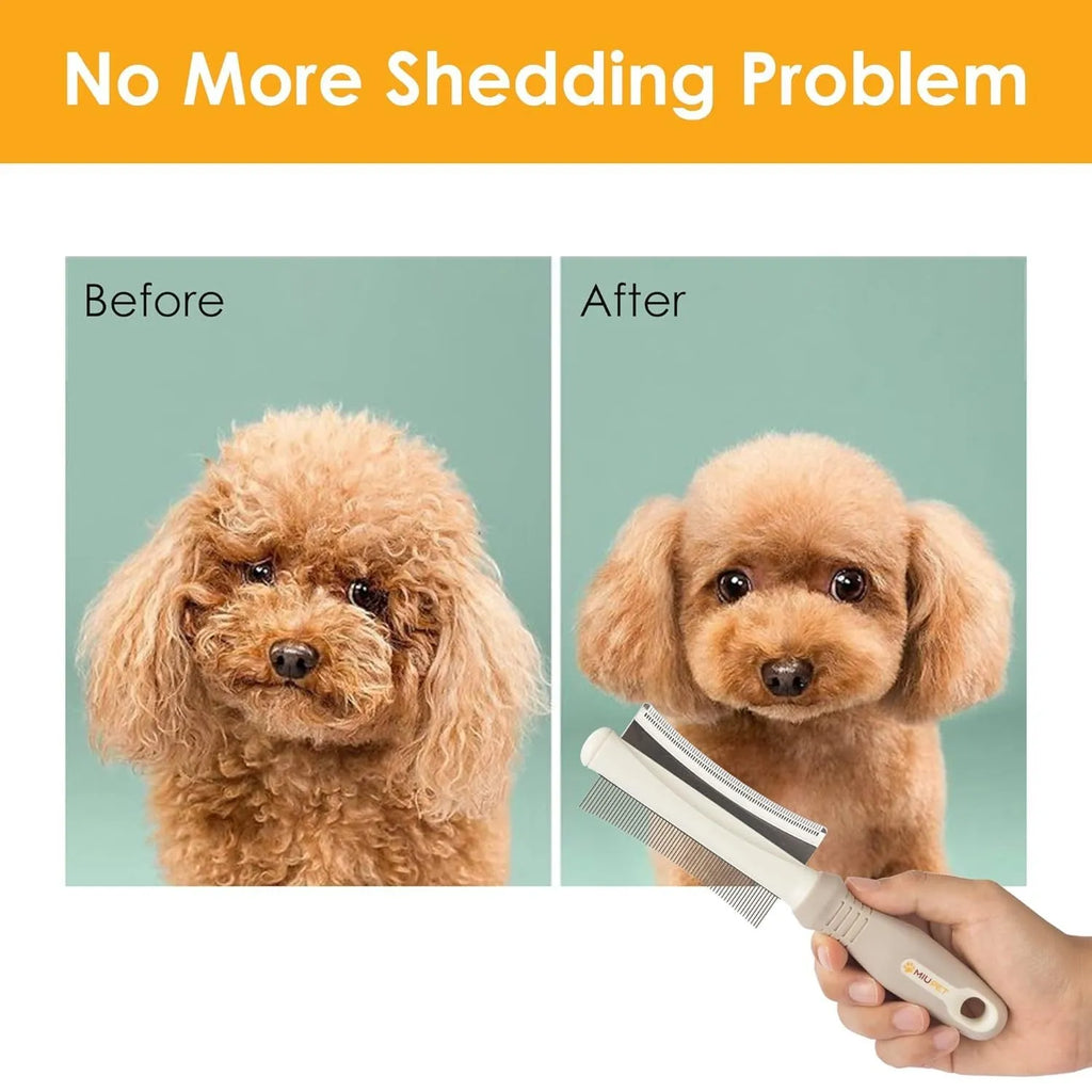 White double-sided dog and cat grooming brush with curved comb and deshedding blade, showing ergonomic handle.