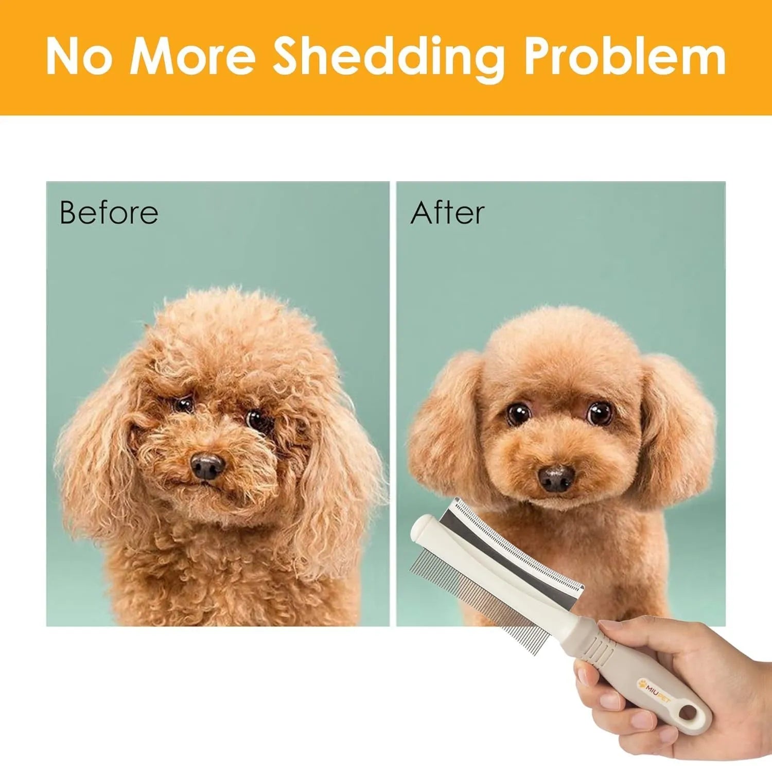 White double-sided dog and cat grooming brush with curved comb and deshedding blade, showing ergonomic handle.
