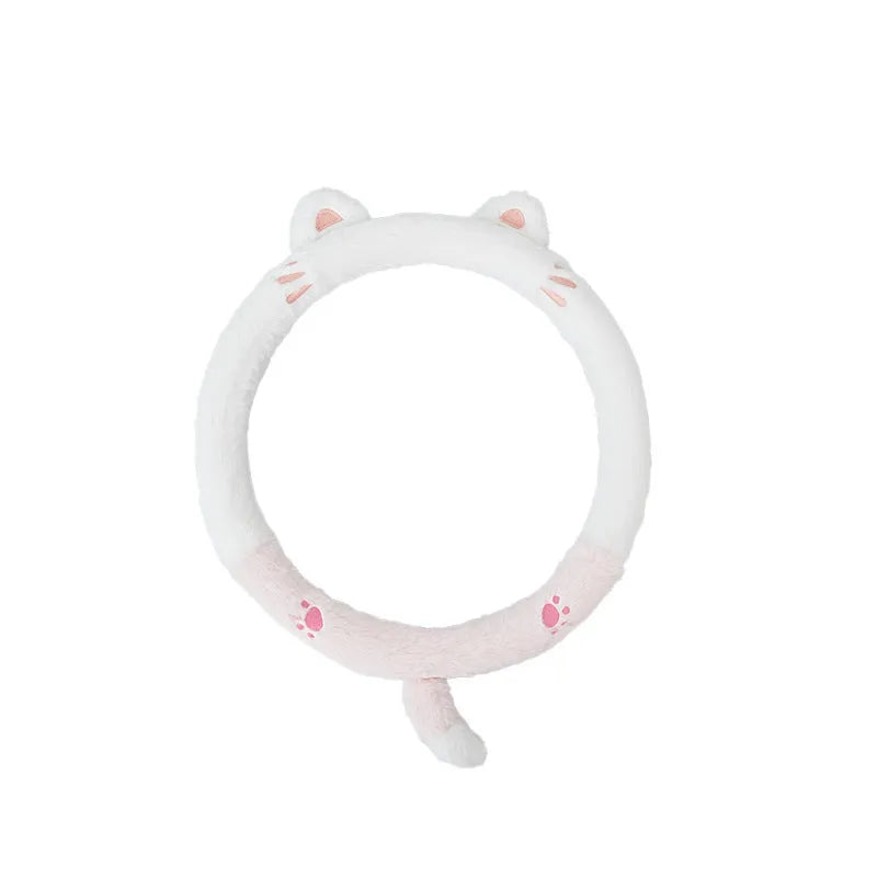 Plush rabbit fur steering wheel cover with animal embroidery for 38cm diameter winter use