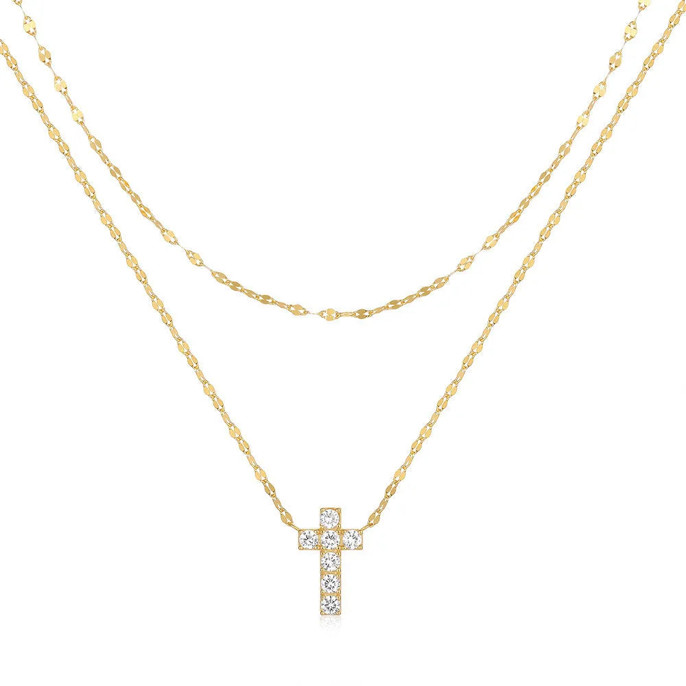 Sterling silver double layer twin diamond cross pendant necklace with geometric design on clavicle chain