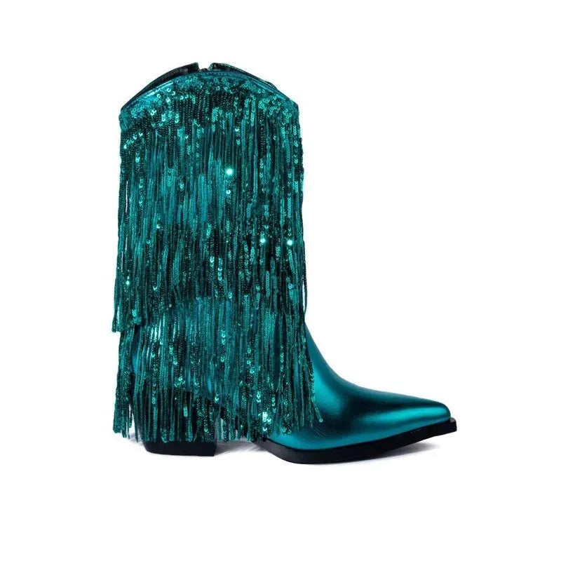 Women's black chunky heel tassel ankle boots with a super-high stiletto heel on a white background.