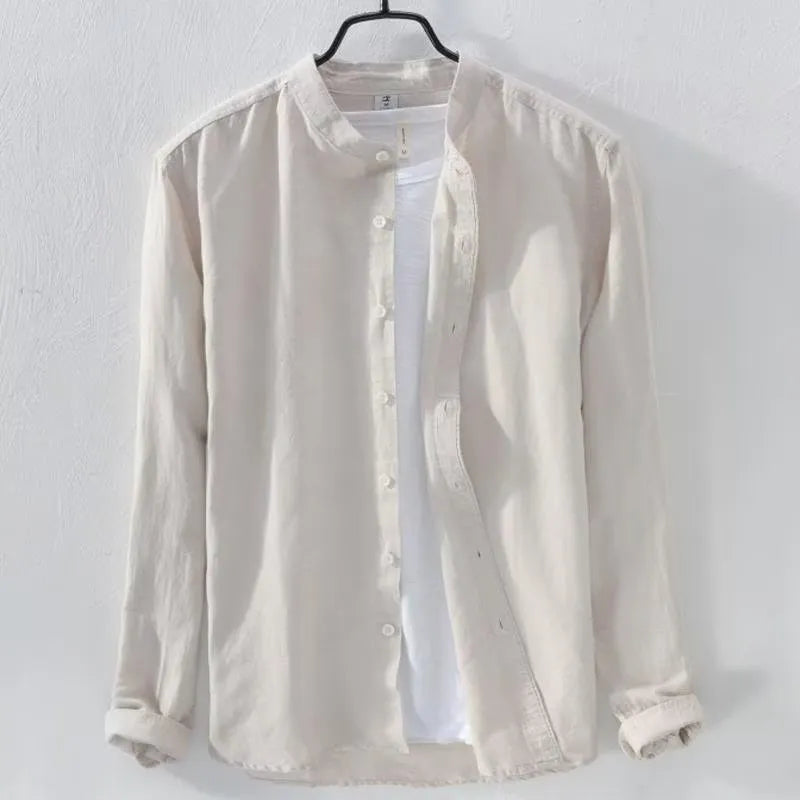 Men's loose fit linen cotton casual shirt in solid colours with long sleeves